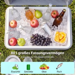 Tragbare Kühlbox auf Rollen Wetterfeste Isolierbox mit Klappbarem Zuggriff & 2 Leichtgängigen Rollen Grau 80 L