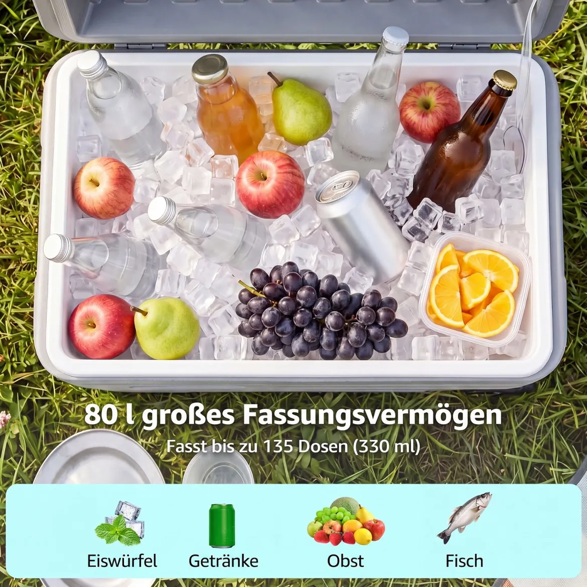 Tragbare Kühlbox auf Rollen Wetterfeste Isolierbox mit Klappbarem Zuggriff & 2 Leichtgängigen Rollen Grau 80 L