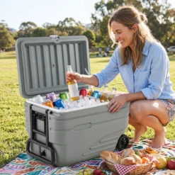 Tragbare Kühlbox auf Rollen Wetterfeste Isolierbox mit Klappbarem Zuggriff & 2 Leichtgängigen Rollen Grau 80 L