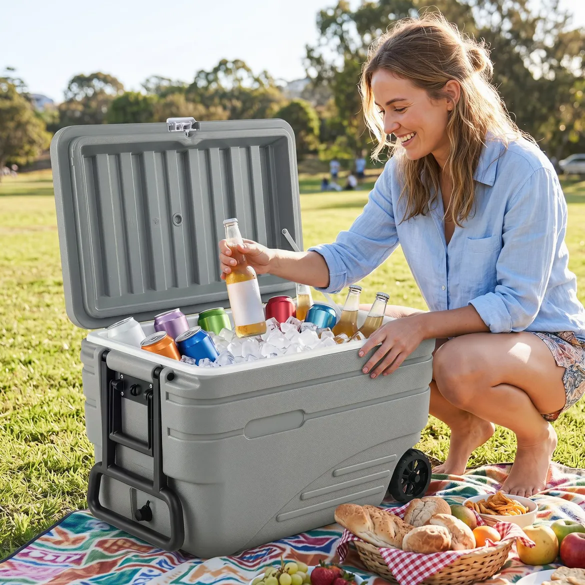 Tragbare Kühlbox auf Rollen Wetterfeste Isolierbox mit Klappbarem Zuggriff & 2 Leichtgängigen Rollen Grau 80 L