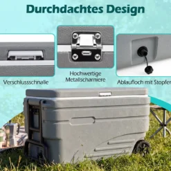 Tragbare Kühlbox auf Rollen Wetterfeste Isolierbox mit Klappbarem Zuggriff & 2 Leichtgängigen Rollen Grau 80 L