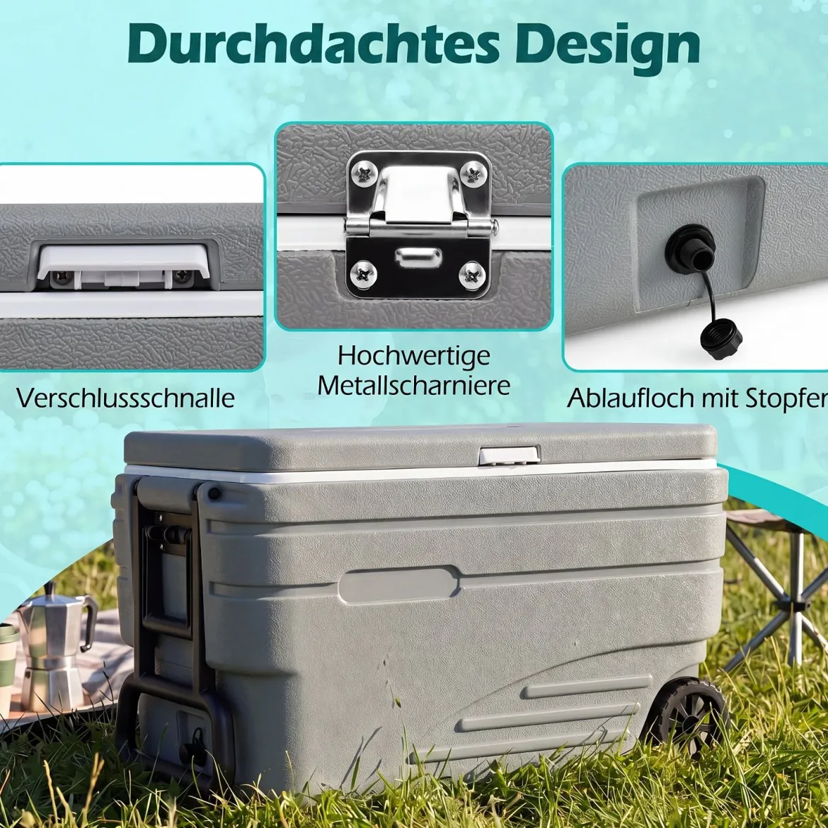 Tragbare Kühlbox auf Rollen Wetterfeste Isolierbox mit Klappbarem Zuggriff & 2 Leichtgängigen Rollen Grau 80 L