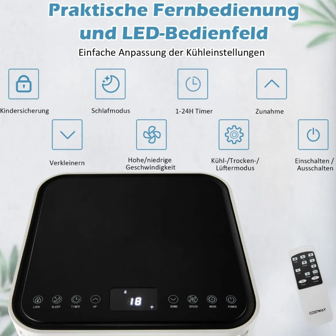 Tragbare Klimaanlage 4 in 1 Luftkühler mit Schwarzer LED-Anzeige 7000 BTU