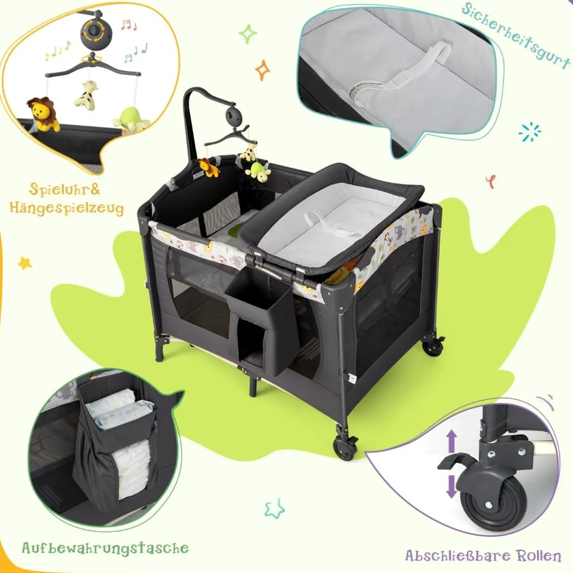 Tragbarer Babyspielplatz 3-in-1-Konvertierbarer Laufstall mit Bett 107 x 72 x 80,5 cm Grau