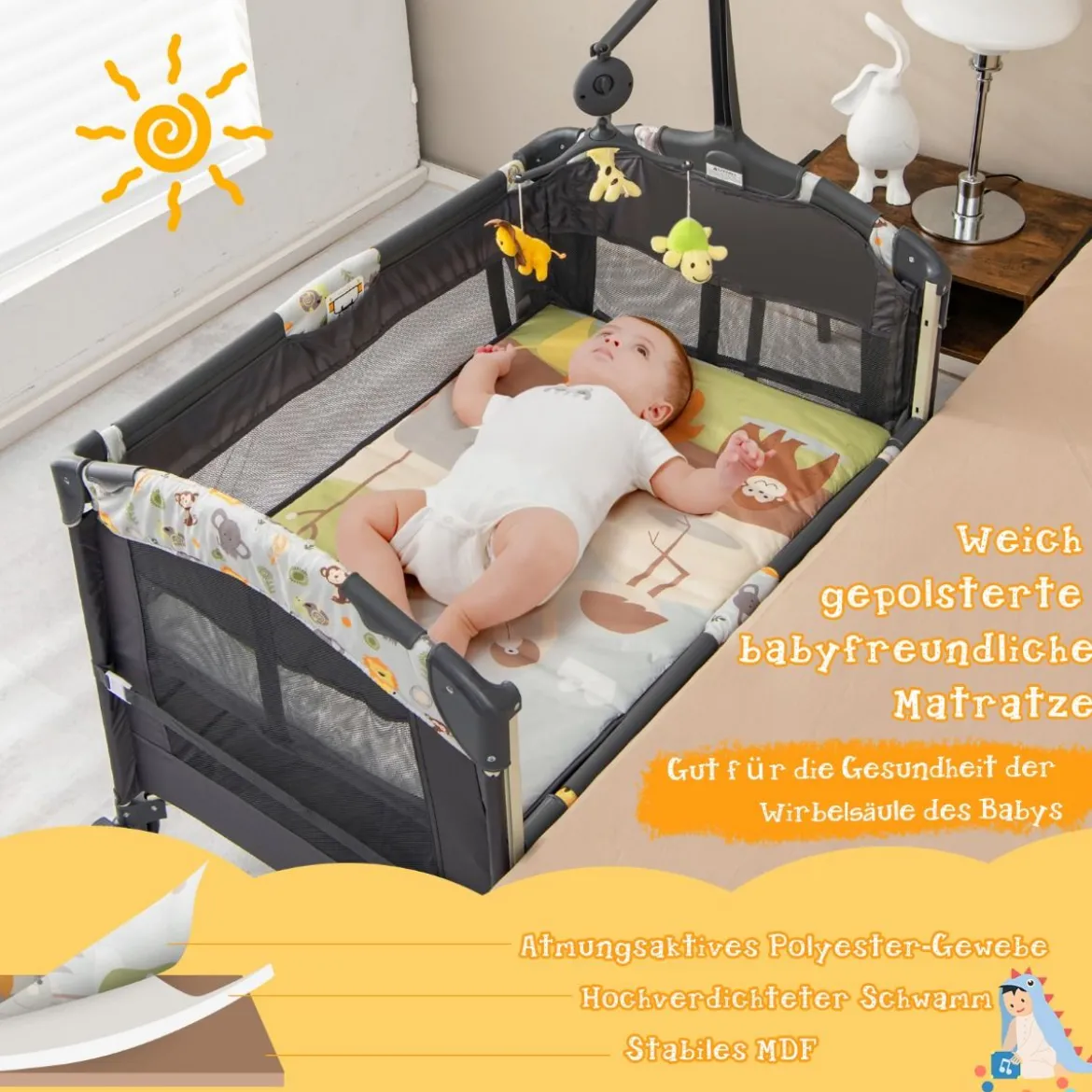 Tragbarer Babyspielplatz 3-in-1-Konvertierbarer Laufstall mit Bett 107 x 72 x 80,5 cm Grau