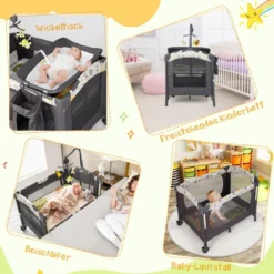 Tragbarer Babyspielplatz 3-in-1-Konvertierbarer Laufstall mit Bett 107 x 72 x 80,5 cm Grau