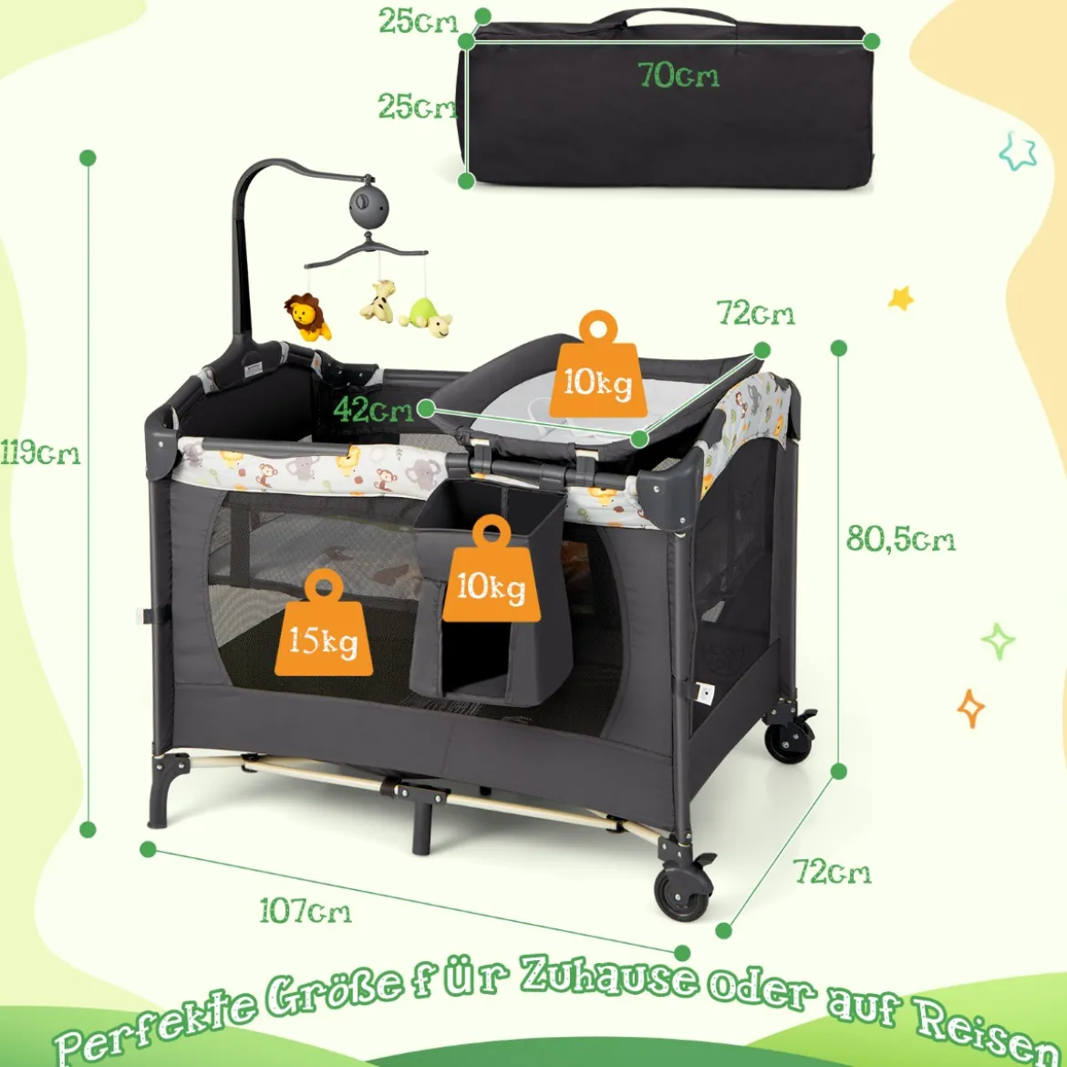 Tragbarer Babyspielplatz 3-in-1-Konvertierbarer Laufstall mit Bett 107 x 72 x 80,5 cm Grau