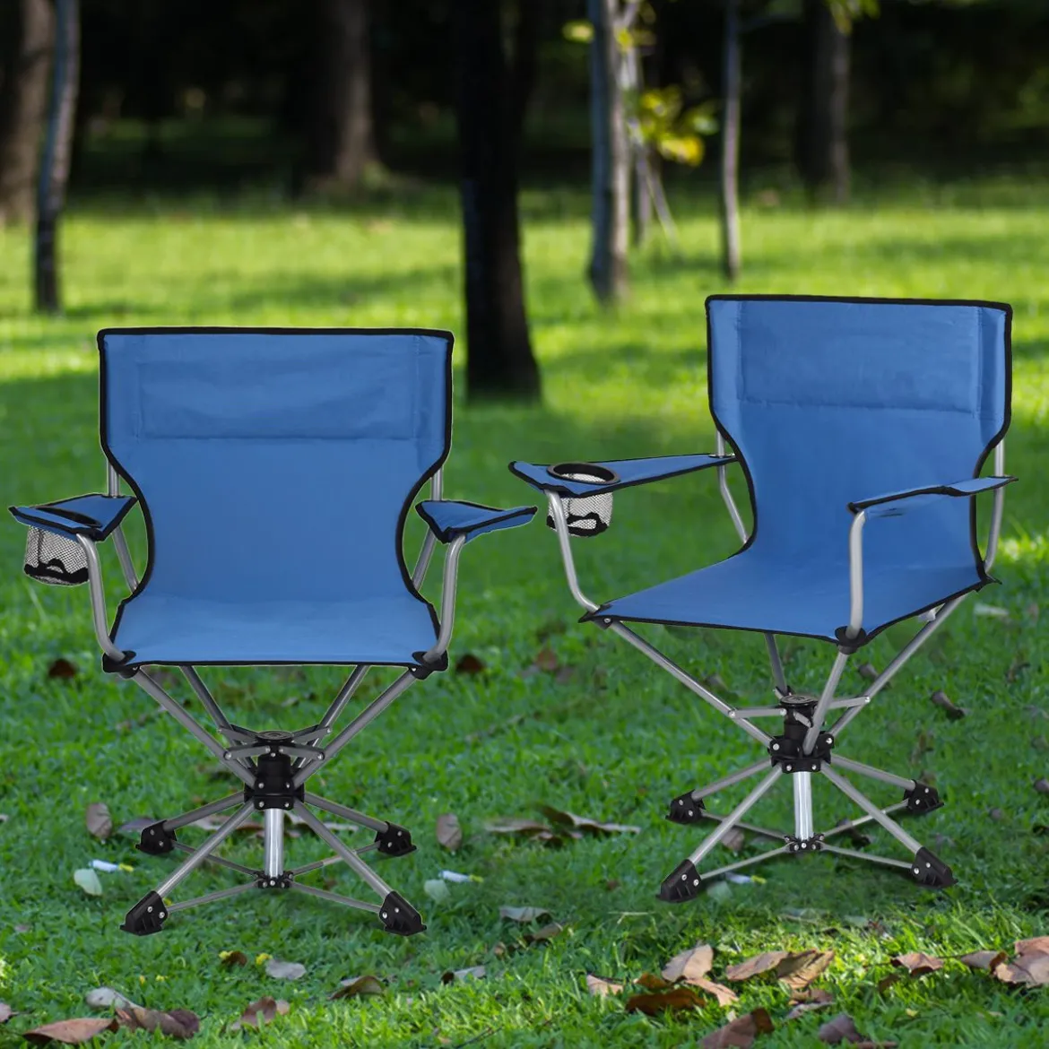 Tragbarer Drehstuhl Camping Zusammenklappbarer Drehstuhl mit Armlehnen und Anti-Rutsch Fußpolster Blau