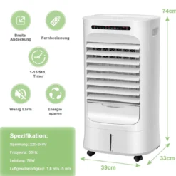 Tragbarer 3 in 1 Verdunstungsluftkühler mit Ventilator & Luftbefeuchter Weiß