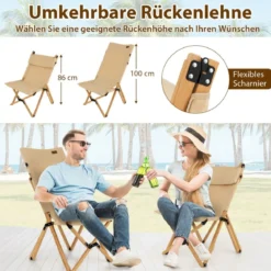 Tragbarer Klappbarer Campingstuhl Bambusstuhl mit 2-Stufig Verstellbarer Rückenlehne