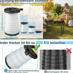 Tragbarer Klapptisch mit 2 LED Teleskophockern Campingtisch & höhenverstellbarer Hocker bis 200 kg belastbar