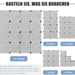 Tragbarer Kleiderschrank mit 16 Würfeln Schlafzimmerkommode mit 2 Kleiderstangen Schwarz