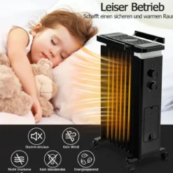 Tragbarer Ölgefüllter Heizkörper mit 3 Heizstufen & Universalrädern Schwarz