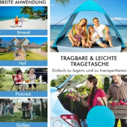 Tragbarer Pop up Strandzelt mit Tragetasche UPF50+ Sonnenschutz für 2-4 Personen Blau