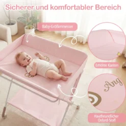 Tragbarer Wickeltisch klappbare Wickelstation mit 3-fach verstellbarer Höhe & feststellbaren Rollen Rosa