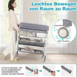 Tragbarer Wickeltisch mit Rollen Faltbare Wickelkommode mit Höhenverstellbarer Wickelauflage Grau