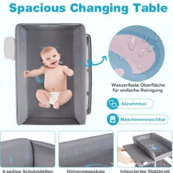 Tragbarer Wickeltisch mit Rollen Faltbare Wickelkommode mit Höhenverstellbarer Wickelauflage Grau