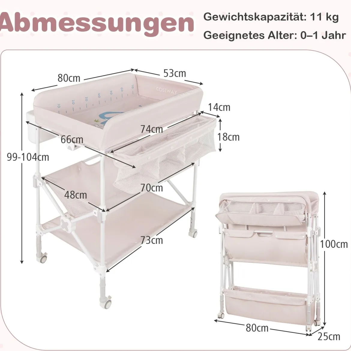 Tragbarer Wickeltisch mit Rollen Faltbare Wickelkommode mit Höhenverstellbarer Wickelauflage Beige