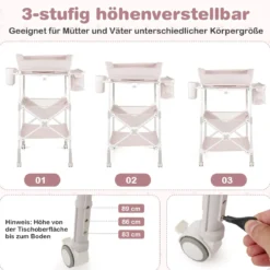 Tragbarer Wickeltisch mit Rollen Faltbare Wickelkommode mit Höhenverstellbarer Wickelauflage Beige
