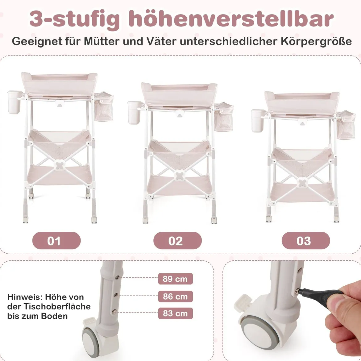 Tragbarer Wickeltisch mit Rollen Faltbare Wickelkommode mit Höhenverstellbarer Wickelauflage Beige