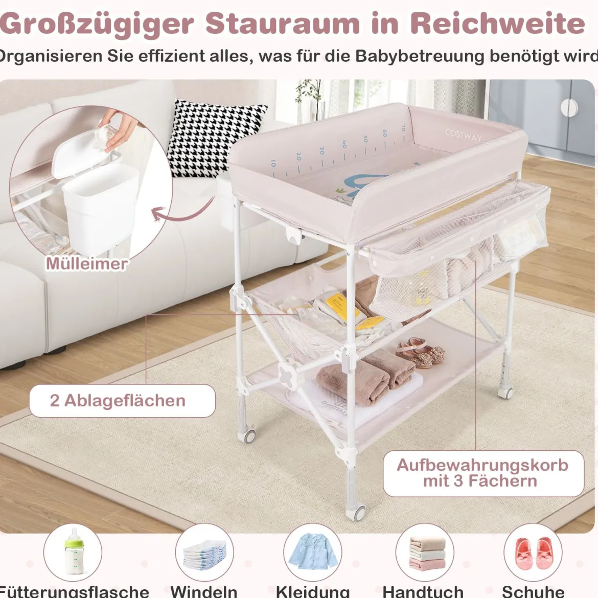 Tragbarer Wickeltisch mit Rollen Faltbare Wickelkommode mit Höhenverstellbarer Wickelauflage Beige