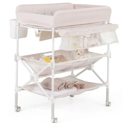 Tragbarer Wickeltisch mit Rollen Faltbare Wickelkommode mit Höhenverstellbarer Wickelauflage Beige