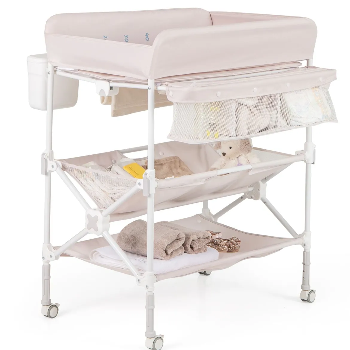 Tragbarer Wickeltisch mit Rollen Faltbare Wickelkommode mit Höhenverstellbarer Wickelauflage Beige