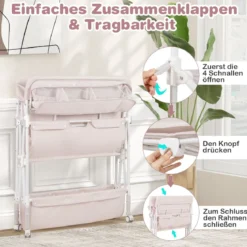 Tragbarer Wickeltisch mit Rollen Faltbare Wickelkommode mit Höhenverstellbarer Wickelauflage Beige