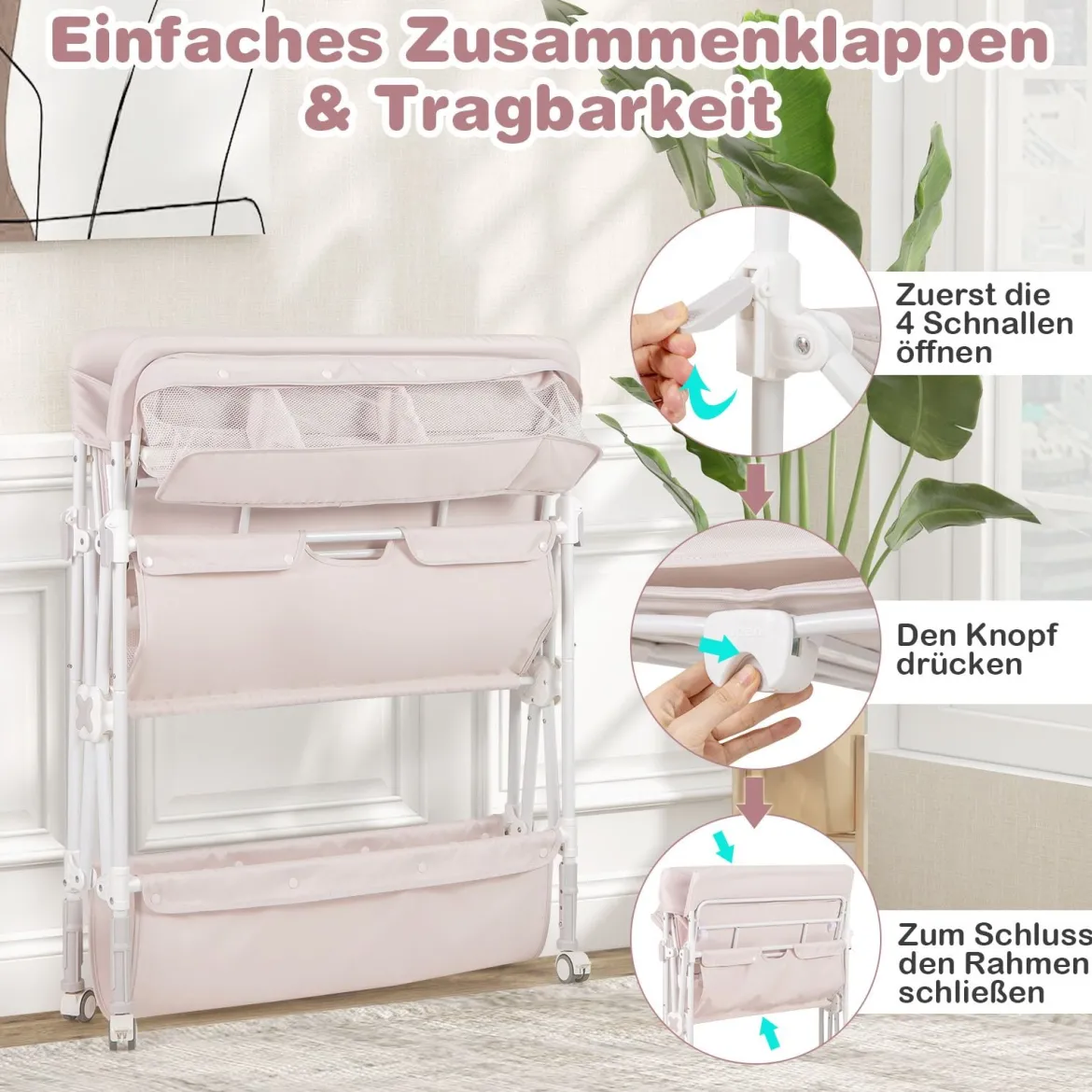 Tragbarer Wickeltisch mit Rollen Faltbare Wickelkommode mit Höhenverstellbarer Wickelauflage Beige