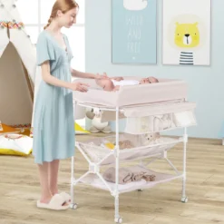 Tragbarer Wickeltisch mit Rollen Faltbare Wickelkommode mit Höhenverstellbarer Wickelauflage Beige