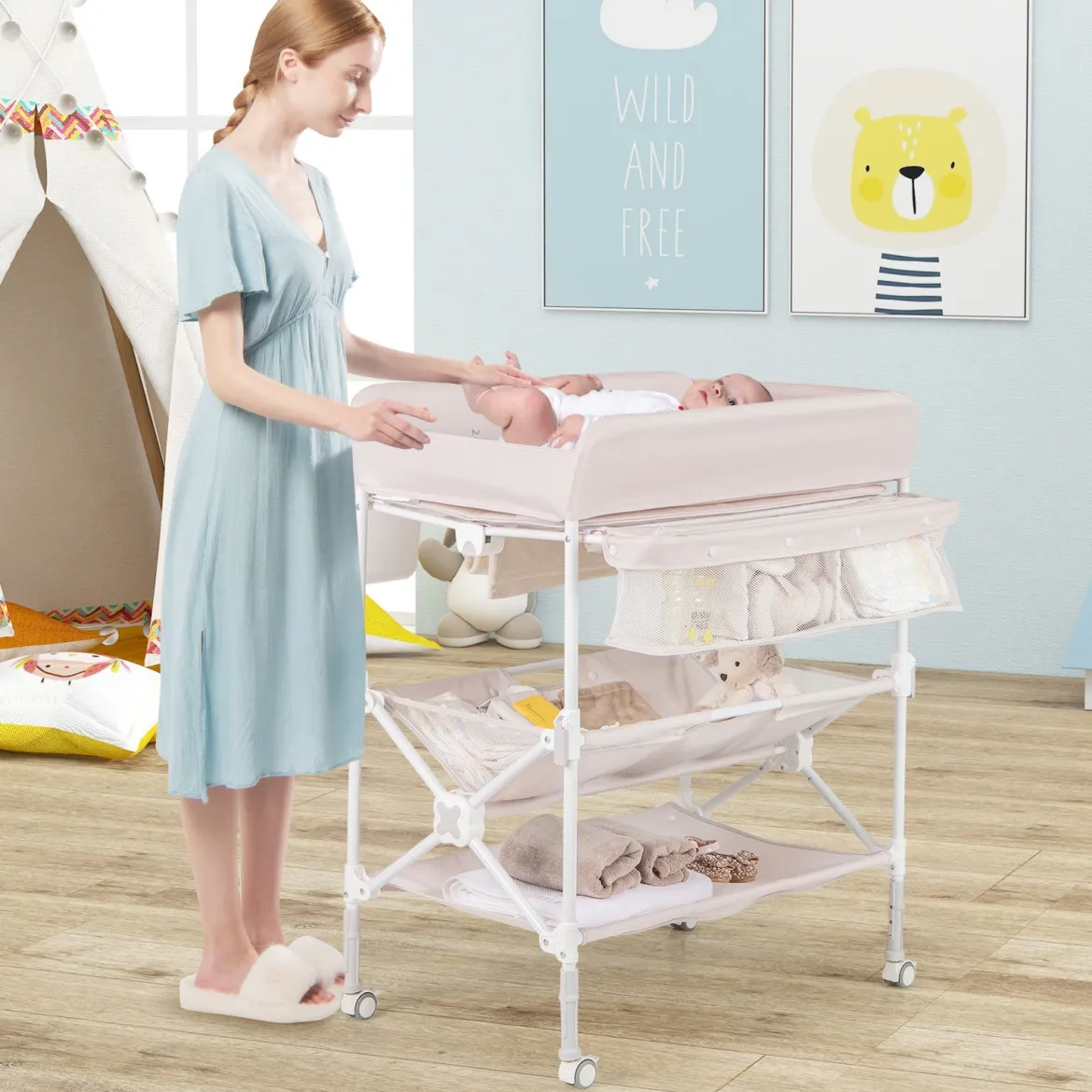 Tragbarer Wickeltisch mit Rollen Faltbare Wickelkommode mit Höhenverstellbarer Wickelauflage Beige