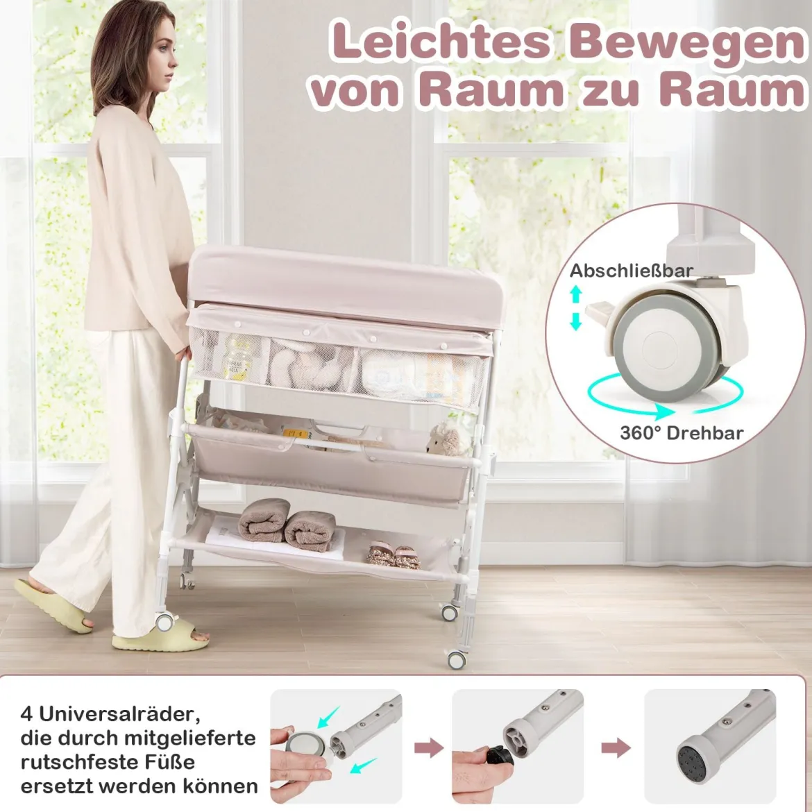 Tragbarer Wickeltisch mit Rollen Faltbare Wickelkommode mit Höhenverstellbarer Wickelauflage Beige