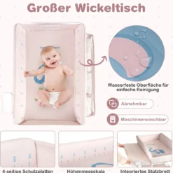 Tragbarer Wickeltisch mit Rollen Faltbare Wickelkommode mit Höhenverstellbarer Wickelauflage Beige