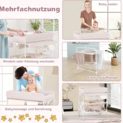 Tragbarer Wickeltisch mit Rollen Faltbare Wickelkommode mit Höhenverstellbarer Wickelauflage Beige