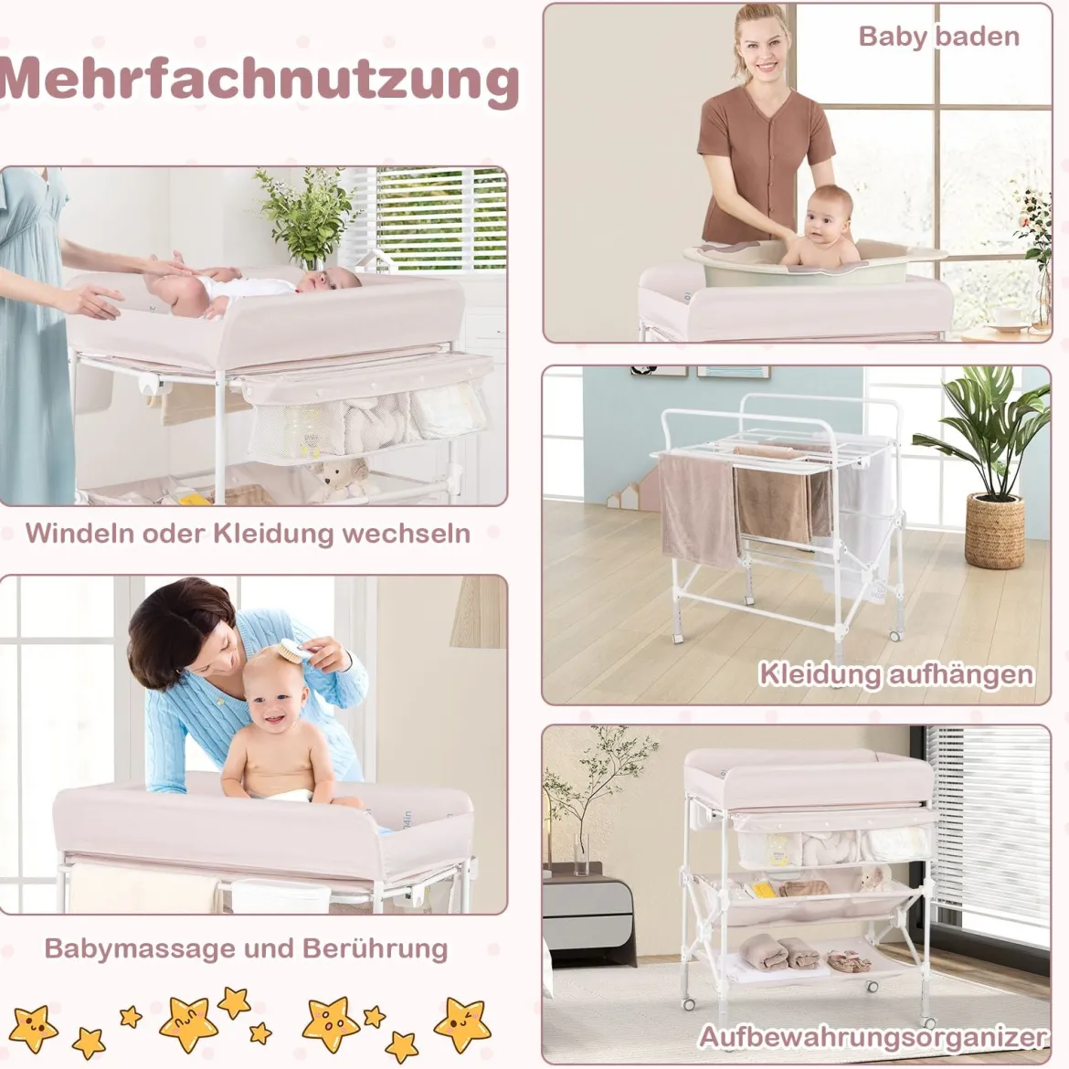 Tragbarer Wickeltisch mit Rollen Faltbare Wickelkommode mit Höhenverstellbarer Wickelauflage Beige