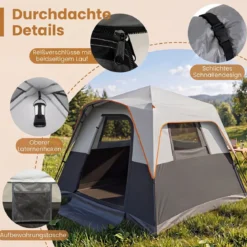 Tragbares Campingzelt für 6 Personen mit Sonnenschutz Wasserfestes Pop-up Zelt mit Tragetasche Grau