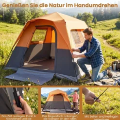 Tragbares Campingzelt für 6 Personen mit Sonnenschutz Wasserfestes Pop-up Zelt mit Tragetasche Orange