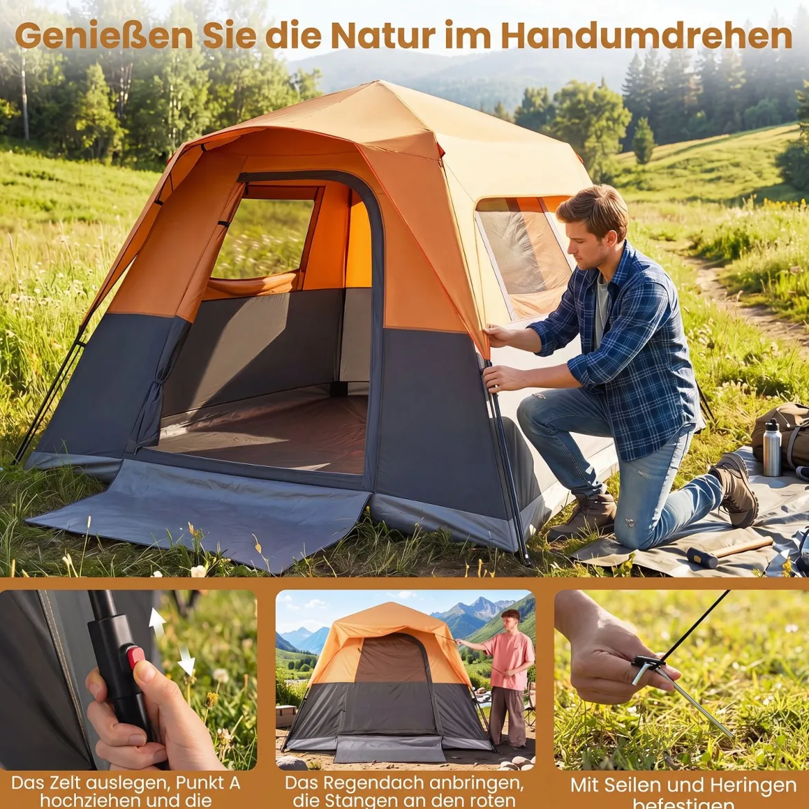 Tragbares Campingzelt für 6 Personen mit Sonnenschutz Wasserfestes Pop-up Zelt mit Tragetasche Orange