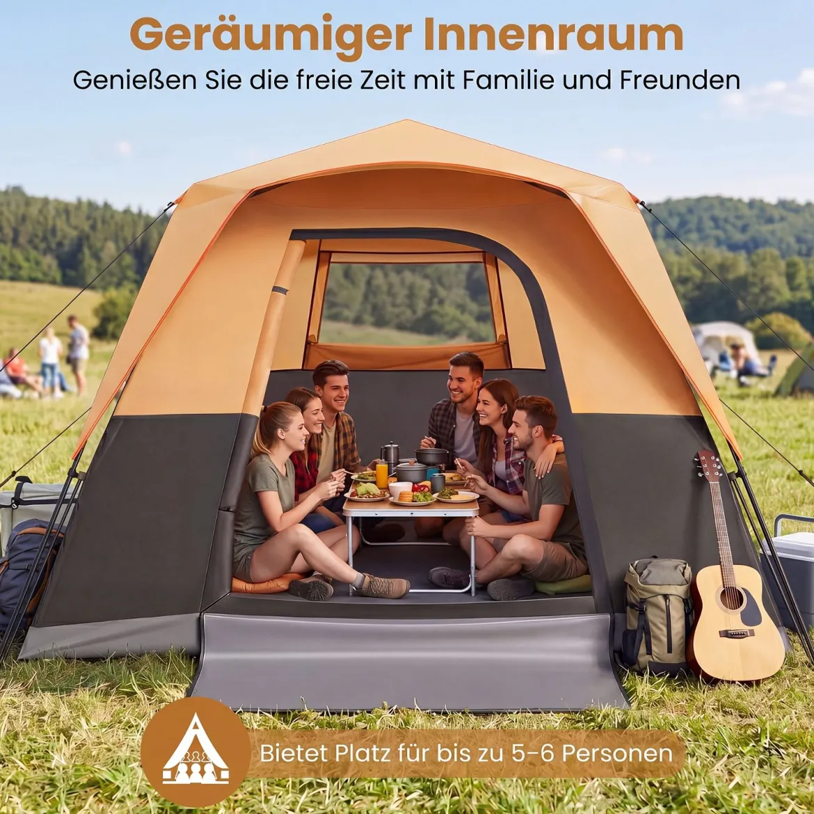 Tragbares Campingzelt für 6 Personen mit Sonnenschutz Wasserfestes Pop-up Zelt mit Tragetasche Orange