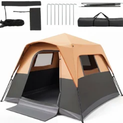 Tragbares Campingzelt für 6 Personen mit Sonnenschutz Wasserfestes Pop-up Zelt mit Tragetasche Orange