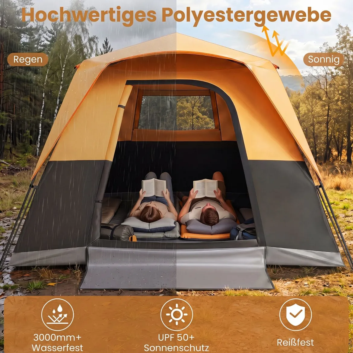 Tragbares Campingzelt für 6 Personen mit Sonnenschutz Wasserfestes Pop-up Zelt mit Tragetasche Orange