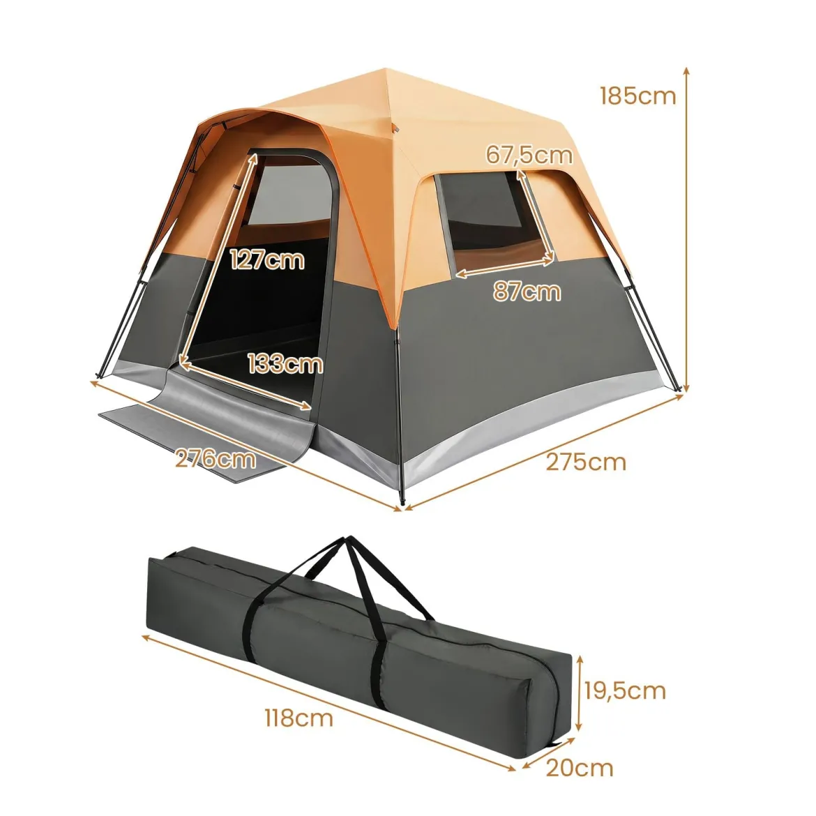 Tragbares Campingzelt für 6 Personen mit Sonnenschutz Wasserfestes Pop-up Zelt mit Tragetasche Orange