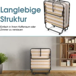 Tragbares Gästebett auf Rollen mit Memory Schaum Matratze 80 x 190 x 33 cm Hellbeige hergestellt in Italien Herkunft: Italien