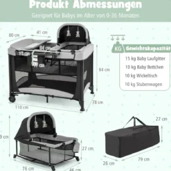 Tragbares 5-in-1-Babybett mit Reisebett & Wiege & Laufstall & Wickeltisch Schwarz + Grau