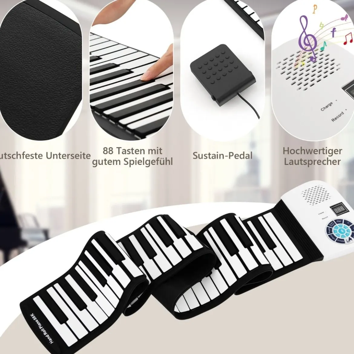 Tragbares 88 Tasten Roll Up Piano mit 128 Rhythmen & MIDI-Bluetooth Silikon Weiß
