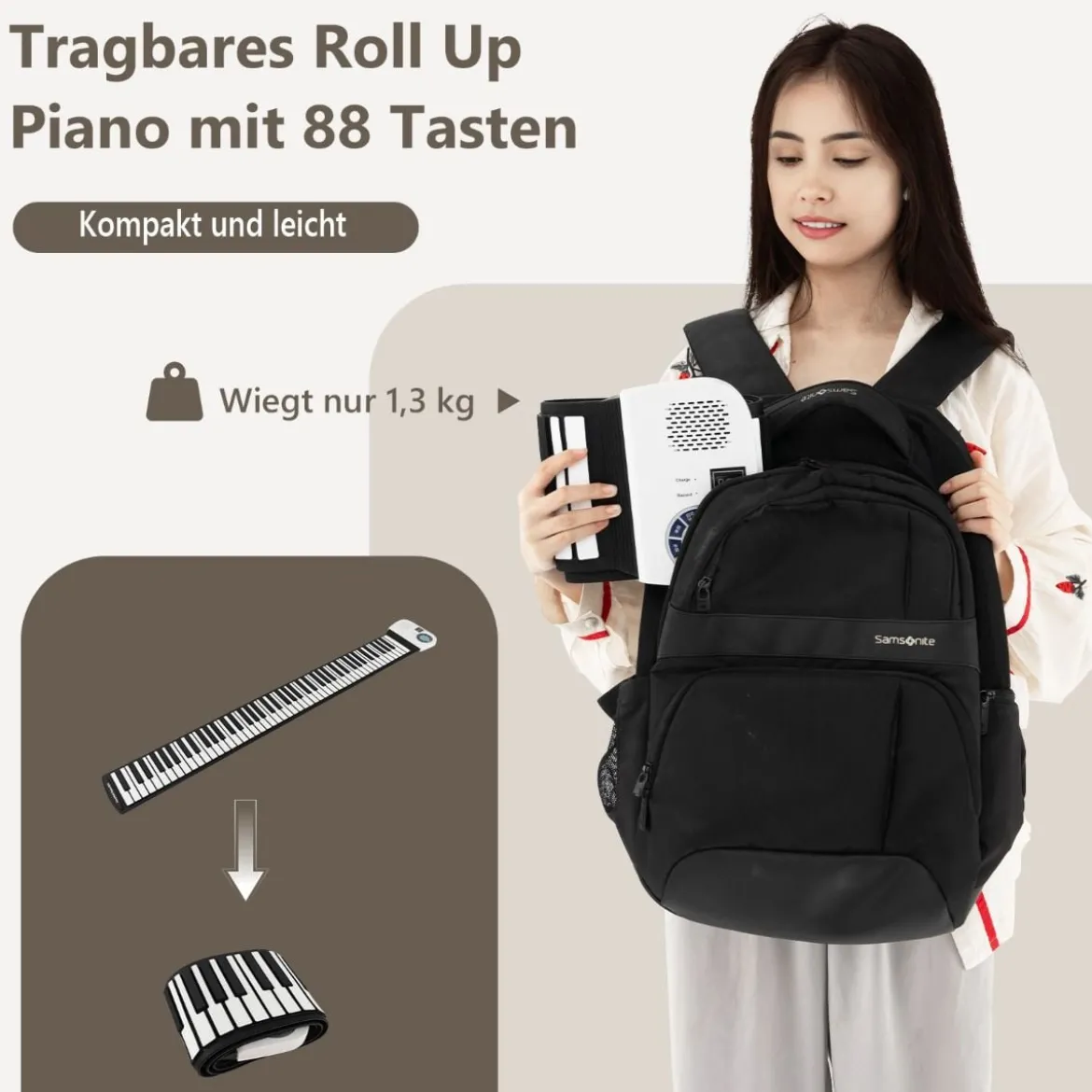 Tragbares 88 Tasten Roll Up Piano mit 128 Rhythmen & MIDI-Bluetooth Silikon Weiß