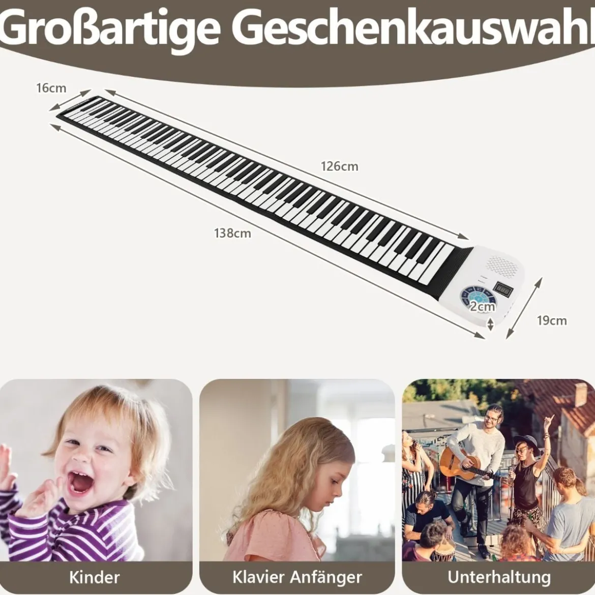 Tragbares 88 Tasten Roll Up Piano mit 128 Rhythmen & MIDI-Bluetooth Silikon Weiß