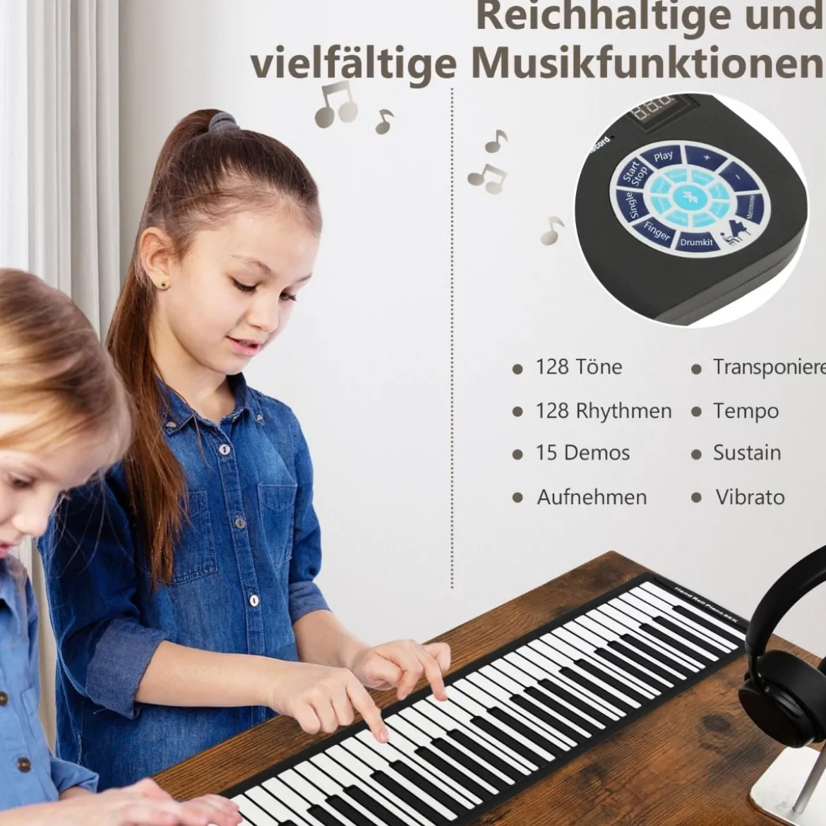 Tragbares 88 Tasten Roll Up Piano mit 128 Rhythmen & MIDI-Bluetooth Silikon Weiß