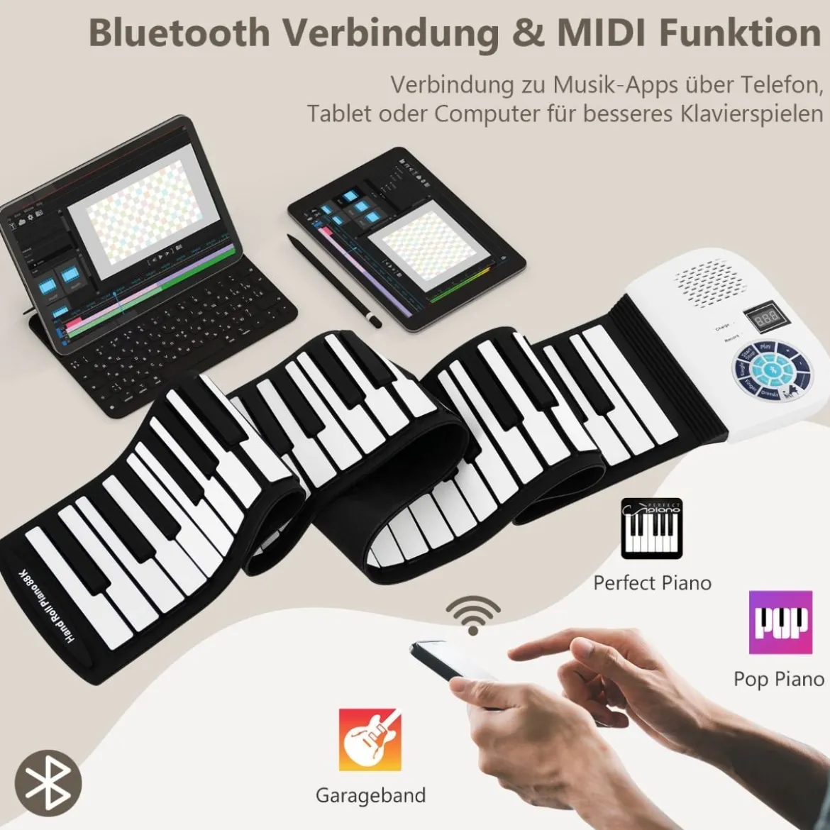 Tragbares 88 Tasten Roll Up Piano mit 128 Rhythmen & MIDI-Bluetooth Silikon Weiß