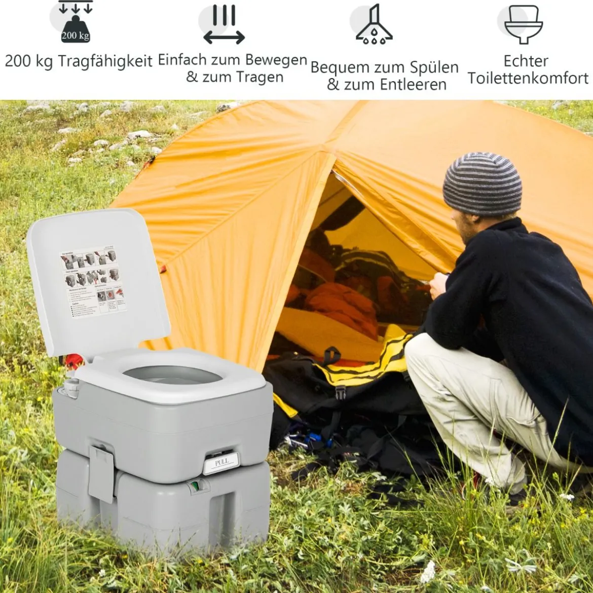 tragbare Toilette Outdoor-Campingtoilette 41,5 cm x 36,5 cm x 42 cm Grau mit Wasserstandsanzeige auslaufsicher bis 200 kg belastbar